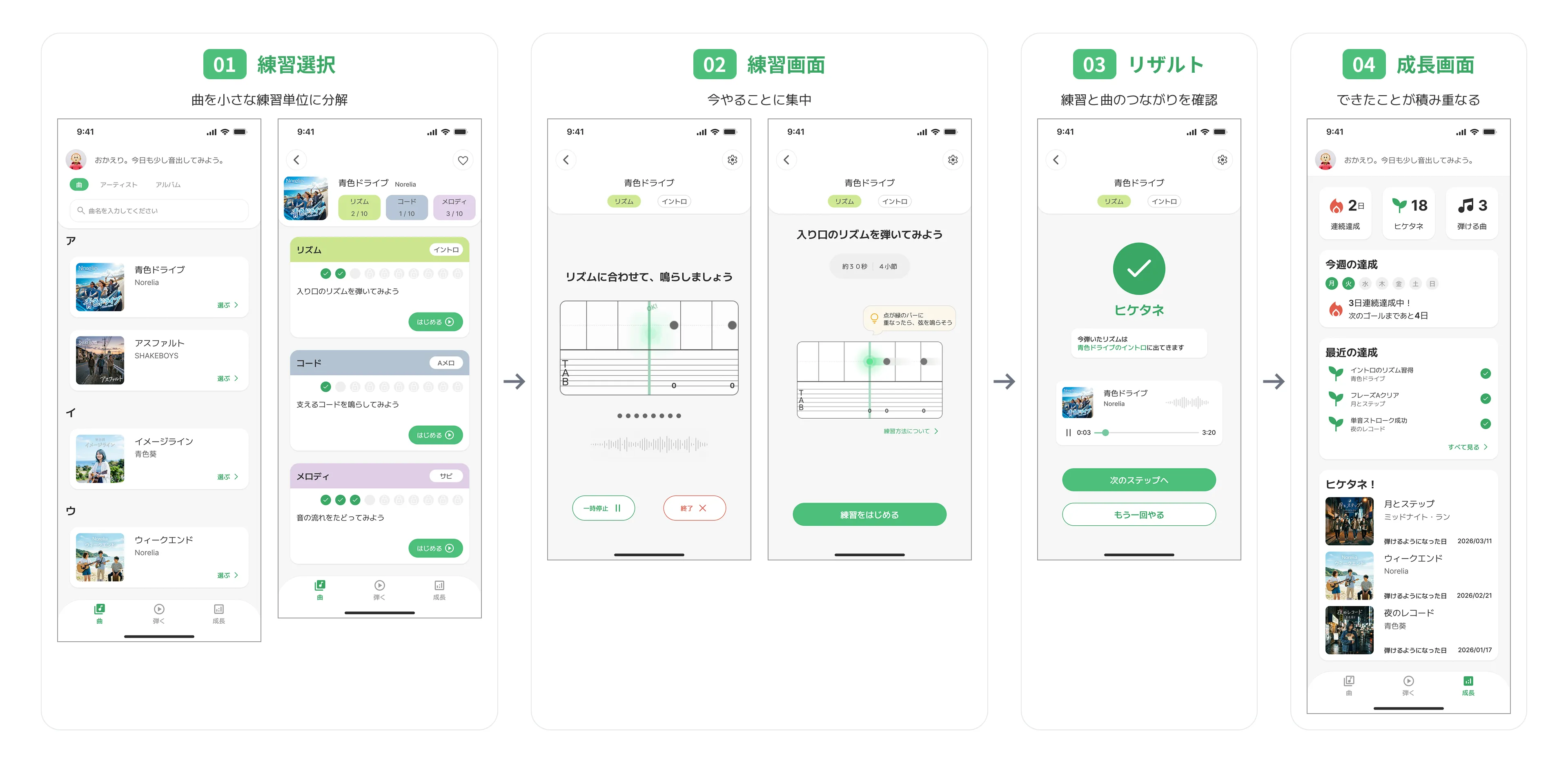 ヒケタネの主要画面。練習選択、練習、リザルト、成長画面のUIデザイン。